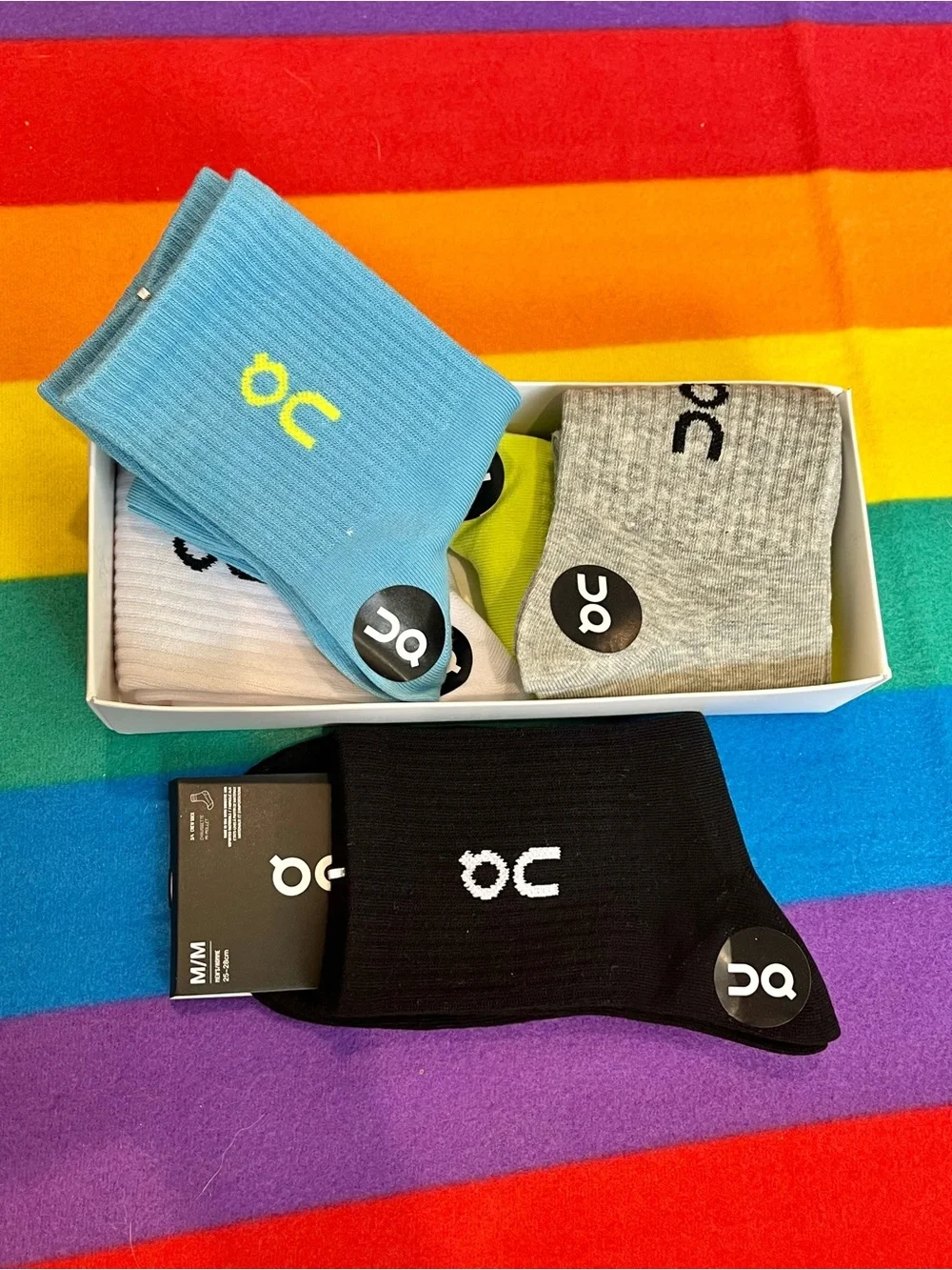 On Running Socks 5 Pair, Neon Yellow, Light Blue, Gray, White, Black, New in Box